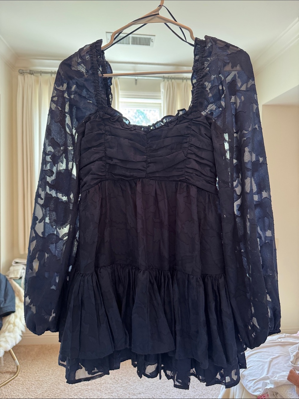 Navy Blue sheer floral Long-Sleeve Babydoll Dress